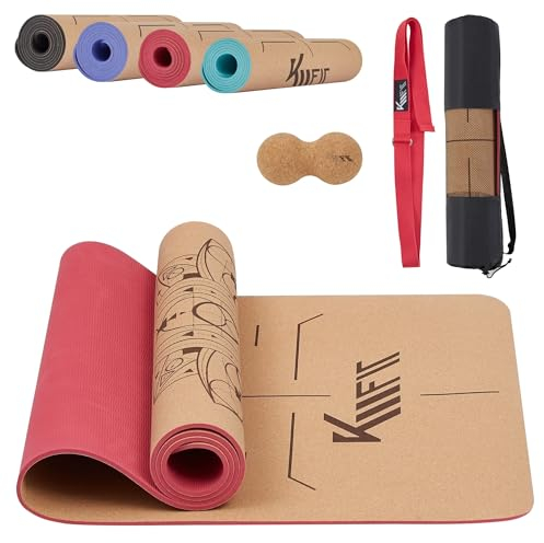 KM-Fit TPE Yoga Matte | Gymnastikmatte mit Tragegurt | Yogamatte gepolstert & rutschfest | Sportmatte für Fitness, Pilates & Gymnastik Workout | mit Tragetasche, Yogagurt und Massageball | Pink