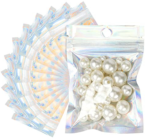 G2PLUS 100PCS Sacchetti in Mylar,Sacchetti Olograficiv Bianco Luminoso,Sacchetto Imballaggio Alluminio con Finestra Trasparente,10.5×15CM Sacchetti in Mylar con Zip,per Alimenti,Gioielli,Campione