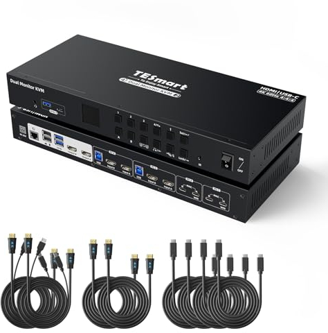 TESmart USB-C HDMI MST & EDID KVM Switch 2 Monitor 4 Computer 4K@60Hz USB 3.0 Dual Monitore USB-C KVM Docking Station für 2 Laptops und 2 PCs, Headset, Hotkey Schalter, 100Mbps Netzwerk, Eingangskabel