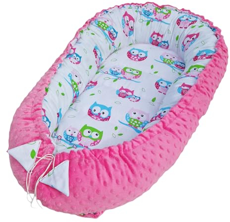 Leanbe Babynest 90x50 cm – Baby Nest - Nestchen für Neugeborene aus Baumwolle & Polyester – Kuschelnest, ideal für Herbst & Winter – Babybett für Indoor & Outdoor (Rosa& Bunte Eulen)
