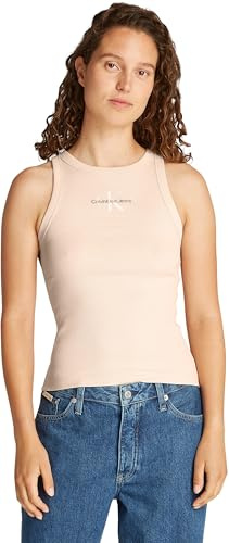 Calvin Klein Damen Tank Top Monologo Rib Skinny Fit, Beige (Brazilian Sand), XS
