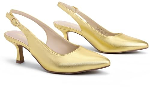 Ankis Slingback-Absätze für Damen, geschlossene Zehen, Damen-Pumps mit Kätzchen-Absatz, Hochzeit, Party, Freizeitkleidung, Gold PU, 40.5 EU