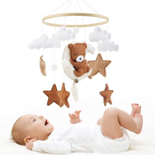 comeder Mobile Baby Bettglocke mit Sterne, Mobile Babybett mit Gehäkelten Sternen, Monden und Wolken hängenden Dekorationen, Hölz Mädchen Hängende Mobile Windspiel für Babybett Kinderbett