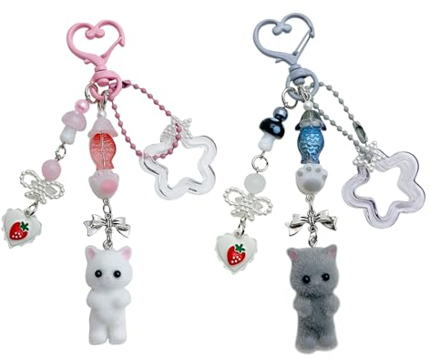 LunarCharm 2 Stück Fuzzy Katzen Schlüsselanhänger - Süßer Rosa Pärchen-Schlüsselanhänger, Y2K Stylische Accessoires