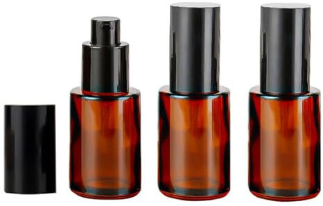 VANTOBEST 3PCS 30ml/1oz Empty Amber Glass Lotion Pump Bottles Soap Dispensers with Black Cap Refillable Cosmetic Makeup Cream Removel Oil Foundation Travel Container Pump Dispenser Storage Jars
