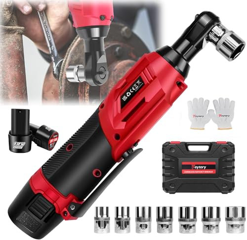 YouseaHome Red Cordless Ratchet Wrench 12V Electric Ratchet Wrench Kit, 2300 RPM 40N.m Torque Cordless Ratchet Right Angle Wrench, 1/2” Ratchet Wrench Set w/7 Sockets, 2-Pack 1500mAh Batteries