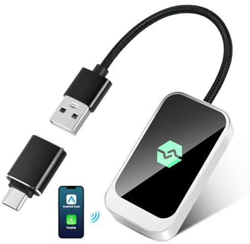 Ambesty Carplay Inalambrico y Adaptador Android Auto Inalambrico, Adaptador 2 EN 1 Convierte con Cable a Wireless CarPlay, WiFi de 5 GHz CarPlay, para Coches con AA y Carplay, USB C/A, Plug & Play
