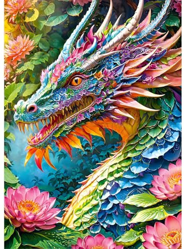 DPHERO 5D Dragon Coloré Diamond Painting Kits, DIY Broderie Lotus Art du Diamant Painting Kit Complet, Fleurs Kits de Peinture sur Diamant Point de Croix Painting pour Adultes Débutants 30x40cm