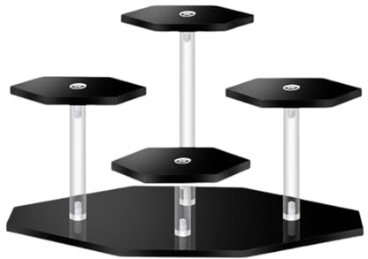 Mausouca Klares Acryl-Display-Ständer, Sechseckiges Acryl-Display-Riser-Regal für Actionfiguren-Display, Kleiner Schmuck, Mini-Parfüm (Schwarz, 4-stufig)