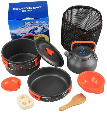 DS-308 Camping Cookware Set - Lightweight, Ideal for 4-5 People, Non-Stick Kettle, Pots, and Pans Mess Kit with Bowls and Soup Spoon for Outdoor Cooking, Backpacking, and Picnic,Multifunctional