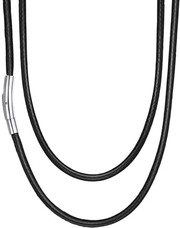 Suplight Black Leather Necklace Cord for Men Women, Width 2mm/3mm, 16-30 Long, Waterproof Stainless Steel Clasp for Jewellery Making, Custom Name Available, with Gift Packaging