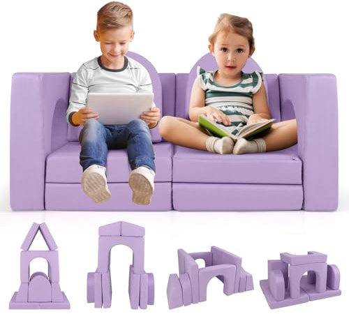 GOPLUS 8-teiliges Kinder Spielsofa, Modulares Kindersofa mit Wildlederstoffbezug, hochdichtem Schaum, Kinderspielsofa für das Spielzimmer, für Jungen & Mädchen ab 3 Jahren (Lila)