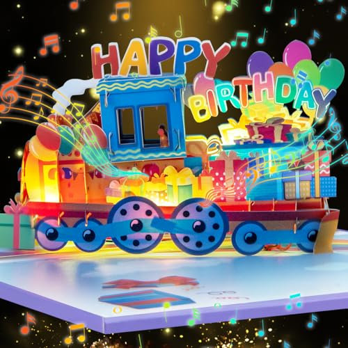CNLITIHEKA 3D Musikzug Geburtstagskarte, Licht & Musik Auto alles Gute zum Geburtstag Karte, lustige Pop Up Geburtstag Grußkarte für Jungen Mädchen, mit Regenbogen blauen Himmel weiß Coud.