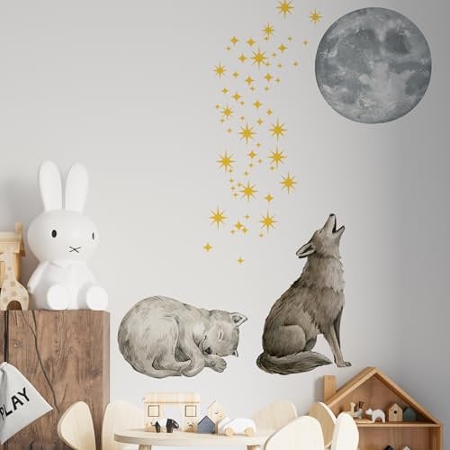 Wandaufkleber Zwei Wölfe Heulen zum Mond – Sternenhimmel Wandtattoo für Kinderzimmer, Magische Wandsticker mit Wölfen und Sternen, Deko für Jungen & Mädchen
