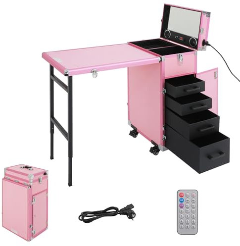 Nageltisch Maniküretisch, Faltbar Mobile Rolling Maniküre Tisch mit Fernbedienung und Make-up-Zug Koffer, Nageltisch mit 4 Schubladen für Heimtechniker, Spa, Schönheitssalon, Arbeitsplatz (Pink)