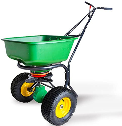 Walk-Behind Broadcast Fertilizzante Spandiconcime, Seminatrice da giardino con bracciolo ergonomico integrato e grilletto, Spargisale con ruote pneumatiche, Spandiconcime di torba per piantare
