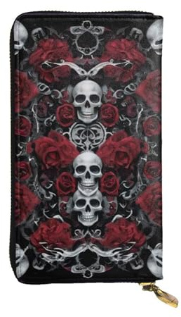 Bryptxztxt Damen-Geldbörse mit Totenkopf-Blumenmuster, großes Fassungsvermögen, aus PU-Leder, mit Kartenhalter, Kreditkartenetui, Münzgeldbörsen und Reißverschluss, Clutch-Geldbörsen für Damen und