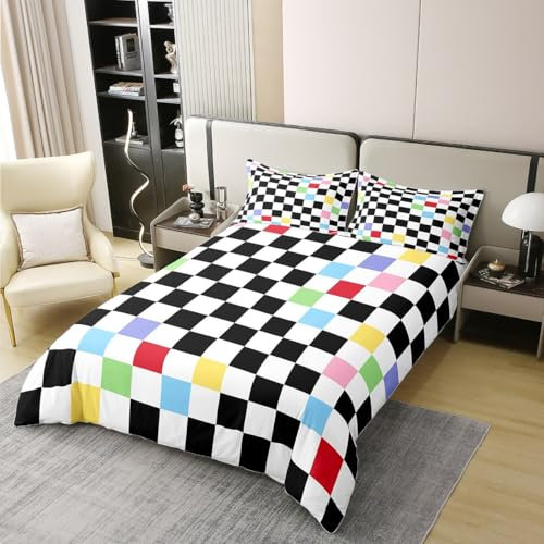 Parure de lit pour enfants avec housse de couette 100 % coton à carreaux abstraits, motif à carreaux géométriques en patchwork, housse de couette moderne noire et blanche, 1 taie d'oreiller (sans