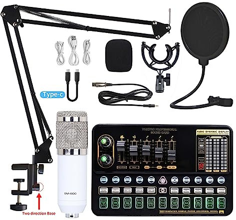 Kit completo de podcast, Micrófono de condensador profesional BM 800 inalámbrico V10 PRO tarjeta de sonido for PC ordenador teléfono Karaoke en vivo cantando juegos(White BM800 V10XPRO)