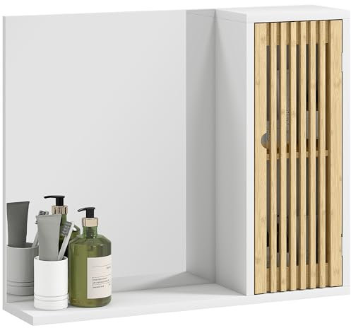 HOMCOM Armoire de Salle de Bain avec Miroir, Miroir de Salle de Bain avec étagère, Porte à Lattes en Bambou et étagère réglable, 60 x 14 x 50 cm, Blanc