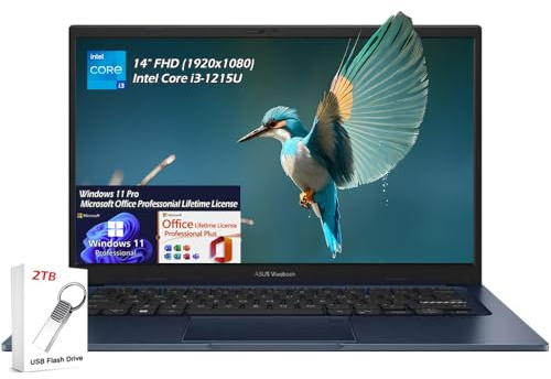 ASUS Vivobook 14 Ordinateur portable professionnel, écran LED FHD de 14 po, Intel Core i3-1215U 6 cœurs, 16 Go DDR4 2 To SSD, Wi-Fi6E, Bluetooth, licence à vie Win11Pro, bleu silencieux, avec clé USB