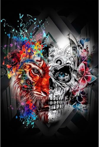 500 Teile Puzzle Kunst - Surrealer Mix aus Tiger & Mechanischem Schädel | Starker Kontrast Collage | A-F Sortierzonen auf Rückseite | Anspruchsvolles Erwachsenenpuzzle