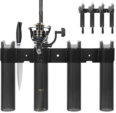 EIVINJE Fishing Rod Holders, 4 Tube Fishing Rod Stand Drilled/Non-Drilled Mounting,Convenient Storage for Poles, Filet Knives & Other Gear,Fishing Rod Rack for Garage Boat Kayak Crate Cooler Wagon RV