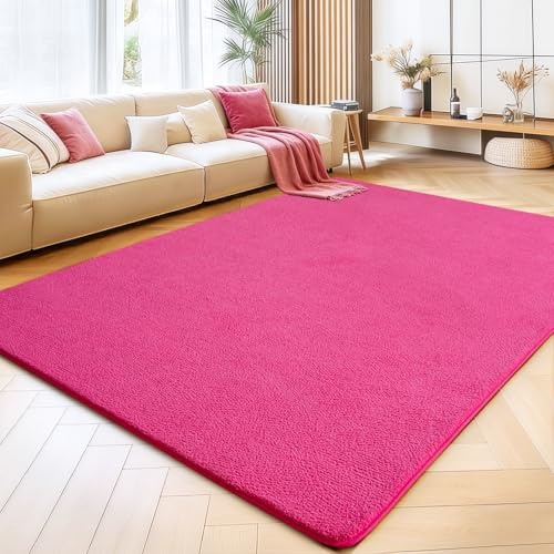 Rezutan Teppich Schlafzimmer 120x160cm Pink Waschbarer Kurzflor Teppich | Flauschig Weich & Rutschfest, Einfarbiges, Modernes Design für Wohnzimmer, Kinderzimmer, Flur und Büro