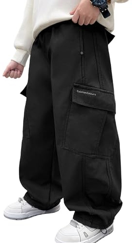 SEAUR Pantaloni larghi per bambini Pantaloni cargo a gamba larga in cotone elastico in vita pantaloni della tuta con tasche polsini con coulisse Pantaloni da jogging hip hop 5-14 anni, Nero , 7-8 Anni