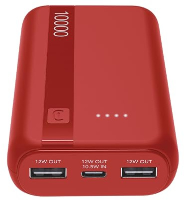 Cellularline Power Bank 10000 mAh con USB-C In/Out + 2 Porte USB-A - Ricarica Multipla e LED Indicatore - Rosso