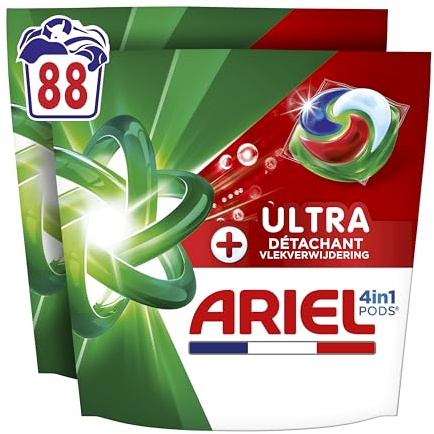 Ariel PODS 4en1 +Ultra Détachant, Lessive en Capsule, 88 Lavages (2x44), Élimine Même les Tâches Incrustées Depuis 7 Jours, Dissolution Rapide Même à Froid, Fabriqué en France