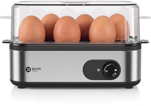 Balter Rapid Egg Cooker, 6 Egg Capacity Stainless Steel Boiler Egg Maker for Soft, Medium, Hard Boiled Eggs, Poached with Auto Shut-Off & Buzzer, Includes Omelet Bowl & Measuring Cup, BPA Free