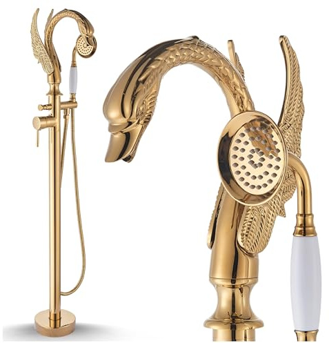 Freistehende Badewannenarmatur SWAN für Bodenmontage mit drehbarem Auslauf, Handbrause, keramischer Kartusche, Messingkörper und Wasserstrahl mit Luftbeimischung (Gold/Keramik)