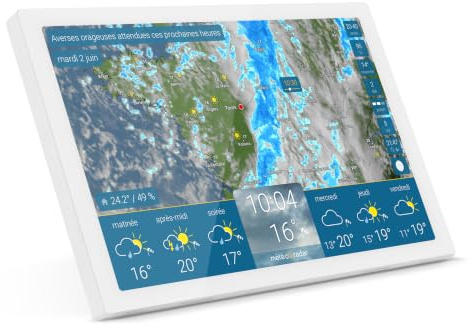 météo & radar home 4, station météo Wi-Fi avec radar météo : animation météo sur grand écran, design élégant, navigation simple, radar de pluie, alertes intempéries, prévisions 14 jours