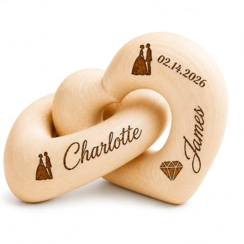 Personalisiertes Holz Herz mit Namen & Datum – Interlocking Herz Skulptur für Paare – Romantisches Hochzeitsgeschenk, 5. Hochzeitstag Geschenk, Jahrestag Geschenk für Ihn & Sie