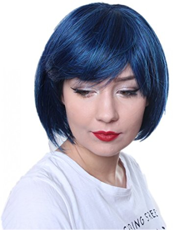 Prettyland Damen Blau-schwarz gesträhnt Kurz-haar Bob Glatte Manga Anime Kurze Frau Perücke blue short Wig C555