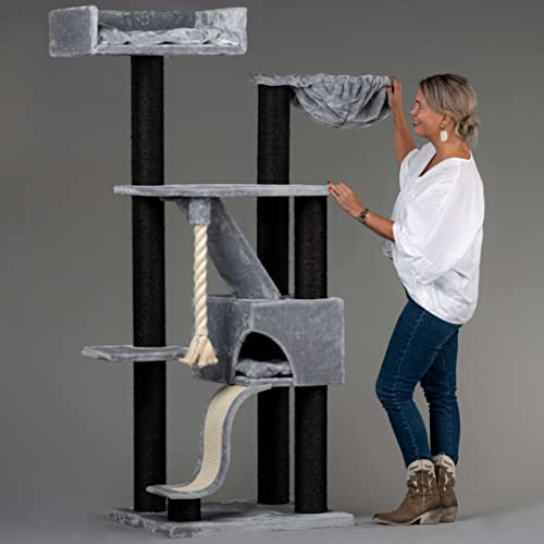RHRQuality Cat Tree for Large Cats - Kilimanjaro Deluxe – 195 cm High – With 12 cm Sisal Posts & Luxury Resting Place – Blackline Light Gray