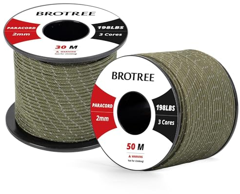 Brotree 2mm Paracord 3 Fili 30M 100% Nylon Corda da Paracadute per All'aperto, Artigianato, Fatto a Mano - 90kg Carico di Rottura (Riflettente Verde Militare)