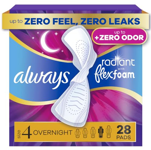 Always Strahlende FlexFoam-Pads für Damen, Größe 4, Saugfähigkeit über Nacht, 100% auslauf- und geruchsfreier Schutz ist möglich, mit Flügeln, parfümiert, 28 Stück