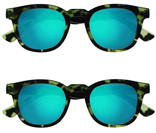 OPULIZE Bay Reading Sunglasses 2 Pack Cool Thick Round Frame UV400 Protection Mirrored Lens Spring Hinges Matt Green Tortoiseshell Mens Womens SS97-6 +3.50