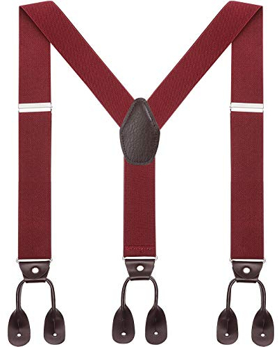 WELROG Herren Hosenträger breit mit Leder Knopfloch - Elastische und verstellbare Länge Y Form mit 6 Tasten für Herren (Wein rot)