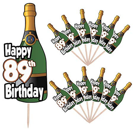 AK Giftshop Happy 89th Birthday - Champagne Bottle Party Food Cake Cupcakes Picks Sticks Decorations Toppers Stand Up Food Flags