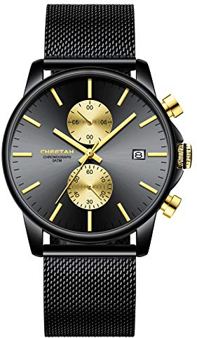 Affute Orologi da uomo moda sport al quarzo analogico nero maglia acciaio inossidabile impermeabile cronografo orologio da polso automatico data - Nero oro