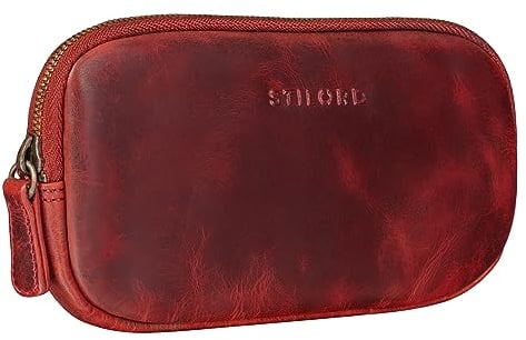 STILORD 'Mike' Vintage Leder Etui Ledermäppchen ideal für Stifte Handy Kosmetik Geld Brille Schlüssel Federmappe Schminktasche Echtleder, Farbe:Kara - rot