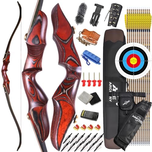 AMEYXGS Bogenschießen Take Down Recurve Bogen mit Pfeil Set 58 '' Langbogen ILF Bogen Gliedmaßen 20-50lbs Jagdbogen Sportbogen mit Bogenschießen Zubehör Erwachsener Bogen Rechtshänder (Rot, 35lbs)