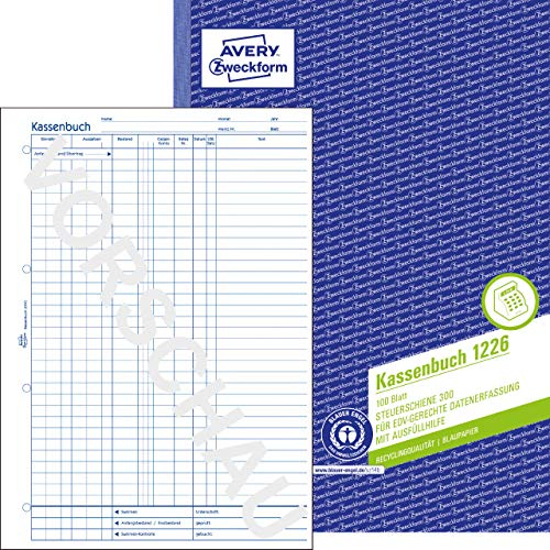 AVERY Zweckform 1226 Recycling Kassenbuch (A4, 100 Blatt, 1 Blatt Blaupapier, nach Steuerschiene 300, EDV-gerechte Datenerfassung, von Rechtsexperten geprüft, für DE, ordnungsgemäße Buchführung) weiß