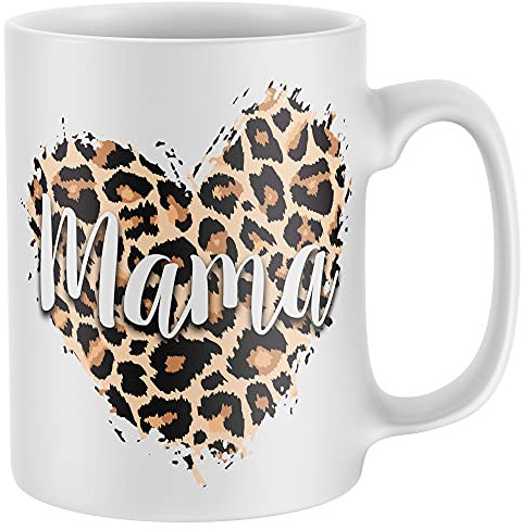 Birthday Gifts For Mum, Mama Leopard Print Heart Mug, Ceramic Coffee Mug Tea Cup, Mothers Day Christmas Presnts From Children, White, One Size