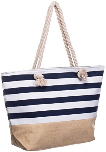 Brandsseller Strandtasche Maritim mit Reißverschluss Canvas ca. 50x36x15 cm Schultertasche Einkaufstasche Badetasche Gestreift/Blau