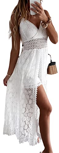 CUPSHE Damen Jumpsuit Kleid V Ausschnitt Weites bein Kurz Romper A-Linie High Low Spitzenkleid Hosenanzug Playsuit Weiß M