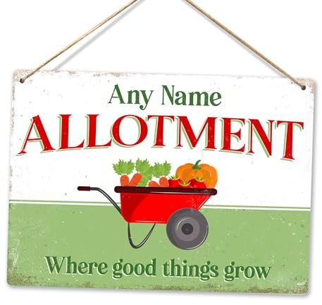 Personalised ALLOTMENT Wheelbarrow -Vintage Workshop Printed Metal Wall Sign Plaque Garden Party (Twine (Two Holes))